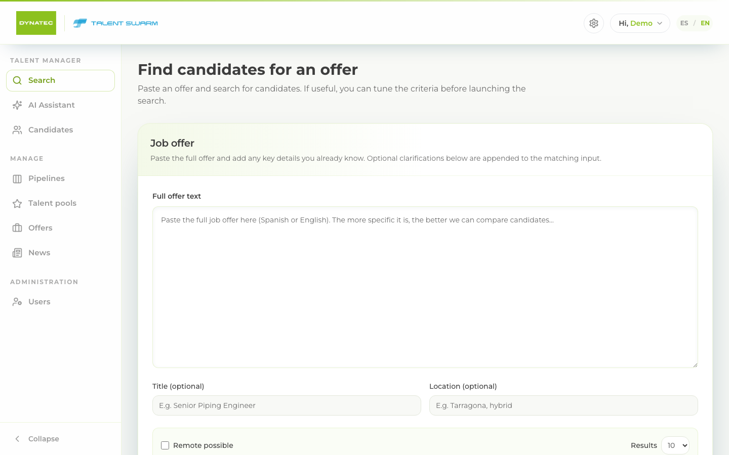 Talent Swarm — pantalla de búsqueda de candidatos